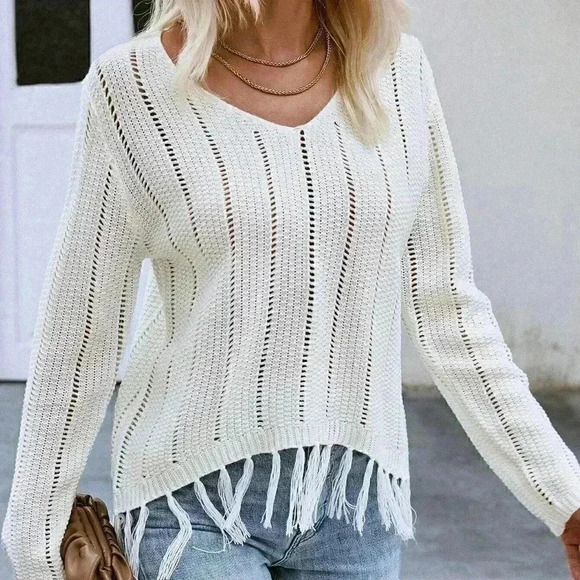Boho Fringe Hem Pointelle Knit Sweater - Picture 4 of 5